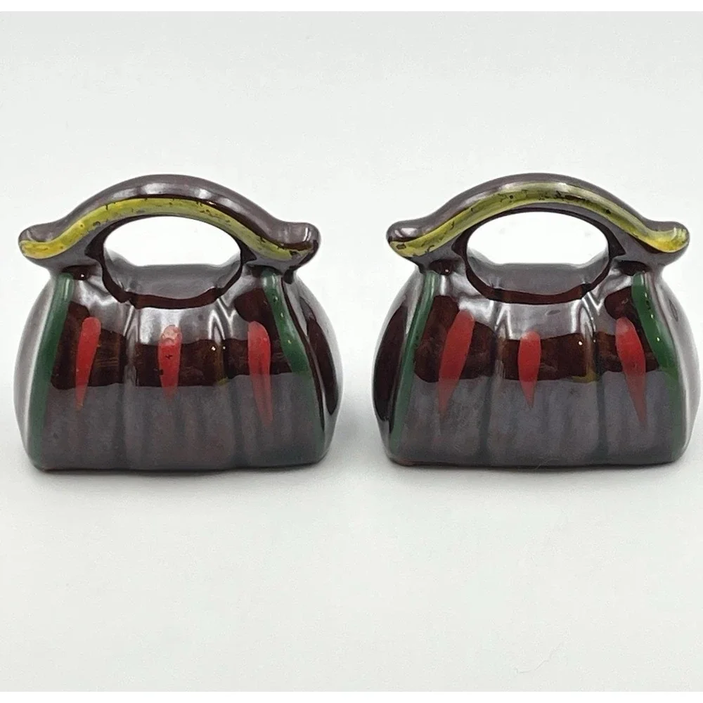 Vintage Ceramic Women's Purses Salt & Pepper‎ Shakers Brown Hand Bag 1950s